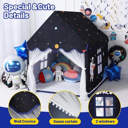 Imagem de Tenda de jogos Wilwolfer Space Kids com tapete e luzes estelares pretas