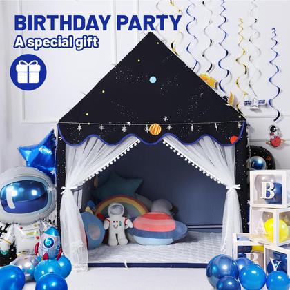 Imagem de Tenda de jogos Wilwolfer Space Kids com tapete e luzes estelares pretas