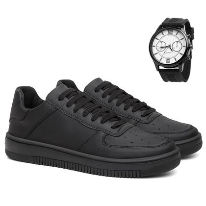 Imagem de Tenis Air Couro Eco Leve Preto Branco Force Kit Com Relógio