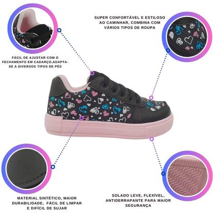 Imagem de Tênis Black Feminino Infantil Sapato Menina Juvenil Presente  Aniversário Macio Estiloso Leve Escolar Jogging Shoes Kids Coração