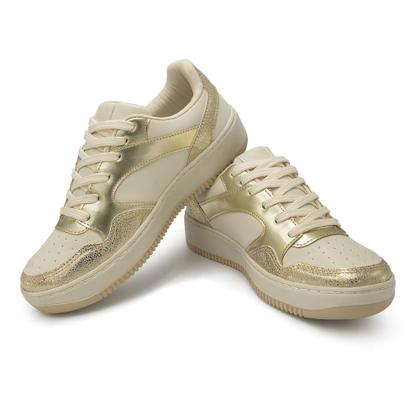 Imagem de Tênis Casual Feminino Cadarço Detalhes Dourado Moderno Sola Alta Super Confortável