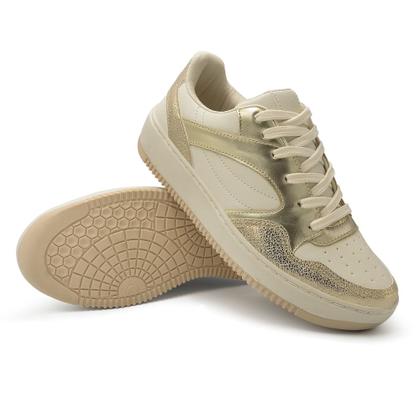 Imagem de Tênis Casual Feminino Cadarço Detalhes Dourado Moderno Sola Alta Super Confortável