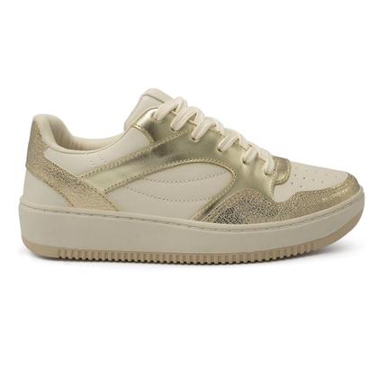 Imagem de Tênis Casual Feminino Cadarço Detalhes Dourado Moderno Sola Alta Super Confortável