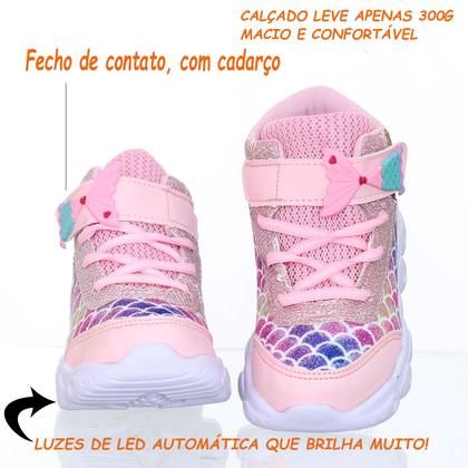 Imagem de Tenis de Sereia Brilhante Infantil Com Luzinha de Led Para Menina