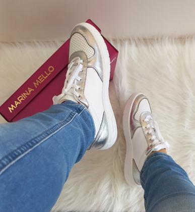 Imagem de Tênis Feminino Casual em Couro Branco Prata Marina Mello