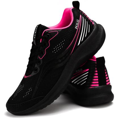 Imagem de Tênis Feminino Polo Running Corrida Academia Preto Com Pink