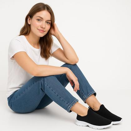 Imagem de Tênis Feminino Sem Cadarço Fácil de Calçar Caminhada Academia Preto