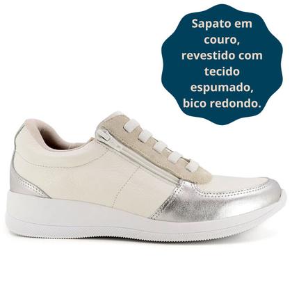 Imagem de Tênis Feminino Usaflex Solado Conforto  Em Couro Branco Prata Esporão de Calcâneo Joanetes Fascite Plantar Neuroma de Morton AJ1202