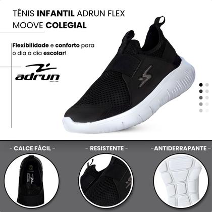 Imagem de Tênis Infantil Adrun Flex Moove Escolar Calce Fácil Preto E Branco Volta ás Aulas Original Escola Escolar Colégio Durabilidade Confortável Menino Meni