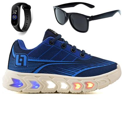 Imagem de Tenis Infantil De Led Masculino Meninos Escolar Casual Calce Facil Basico + Oculos Relogio