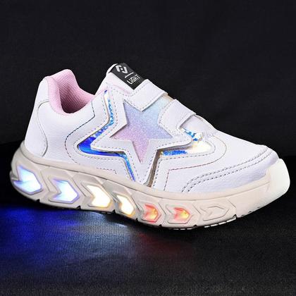 Imagem de Tenis Infantil De Led Meninas Estrela Holografico Casual LIGHT + Oculos Relogio