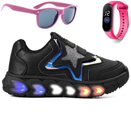 Imagem de Tenis Infantil De Led Meninas Estrela Holografico Casual LIGHT + Oculos Relogio