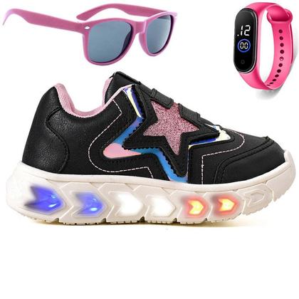 Imagem de Tenis Infantil De Led Meninas Estrela Holografico Casual LIGHT + Oculos Relogio