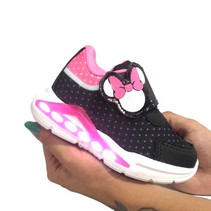 Imagem de Tênis Infantil Feminino Menina Laço Calce Fácil Luz De Led Que Acende Confortável Leve Macio Ajuste em tiras Auto Colantes Personagem Minnie