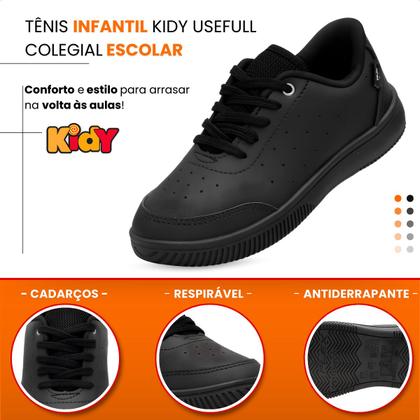 Imagem de Tênis Infantil Kidy Colegial Escolar Volta ás Aulas Preto Escola Colégio Cadarços Confortável Durável