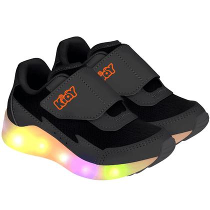 Imagem de Tênis Infantil Kidy Led Light Fun Calce Fácil Preto E Laranja Neon Escolar Escola Colegial Colégio Original Menino Masculino Conforto Durabilidade Ana