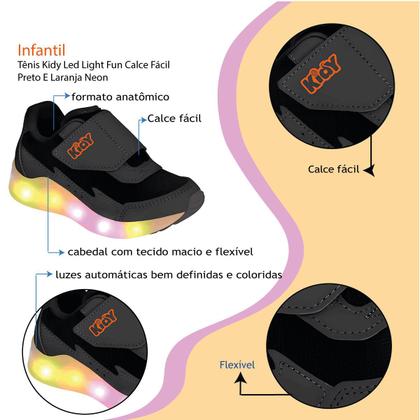 Imagem de Tênis Infantil Kidy Led Light Fun Calce Fácil Preto E Laranja Neon Escolar Escola Colegial Colégio Original Menino Masculino Conforto Durabilidade Ana