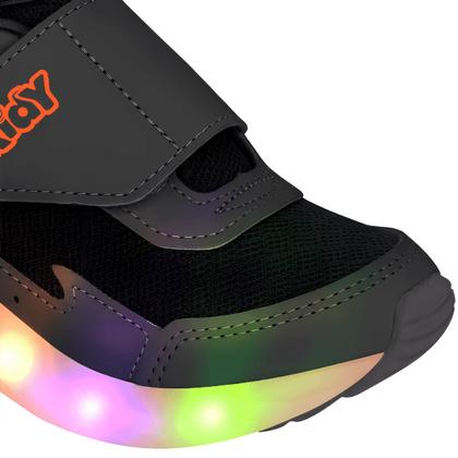 Imagem de Tênis Infantil Kidy Led Light Fun Calce Fácil Preto E Laranja Neon Escolar Escola Colegial Colégio Original Menino Masculino Conforto Durabilidade Ana
