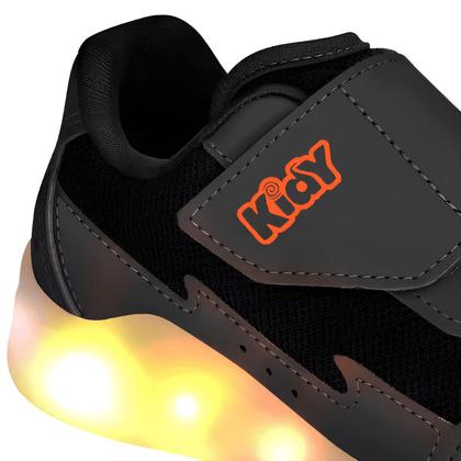Imagem de Tênis Infantil Kidy Led Light Fun Calce Fácil Preto E Laranja Neon Escolar Escola Colegial Colégio Original Menino Masculino Conforto Durabilidade Ana