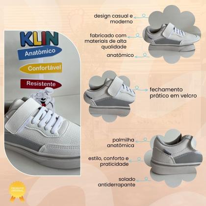 Imagem de Tênis Infantil Klin Branco e Cinza Básico Versátil Moderno