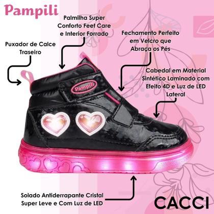 Imagem de Tênis Infantil Menina Cano Médio Sneaker Brilho Luz Pampili