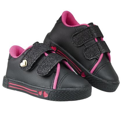 Imagem de Tênis Infantil Menina Casual Preto Rosa Detalhe Dourado Coração Delicada Volta as Aulas Confortável