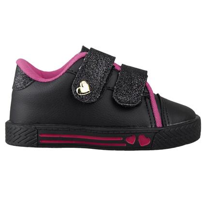 Imagem de Tênis Infantil Menina Casual Preto Rosa Detalhe Dourado Coração Delicada Volta as Aulas Confortável