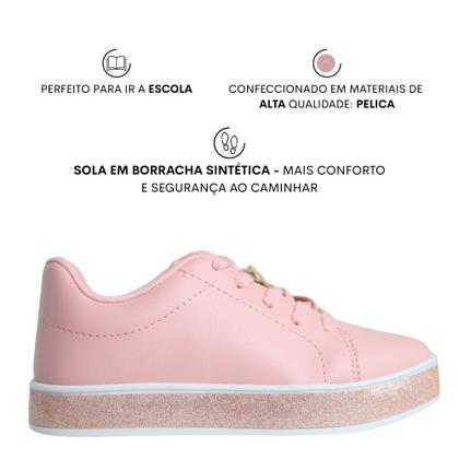 Imagem de Tenis Infantil Menina Pingente Glitter Conforto Escolar 2520 - Rosa - 33