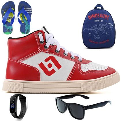 Imagem de Tenis Infantil Meninos Botinha Cano Alto Escolar Casual Basico + Mochila Chinelo Oculos Relogio