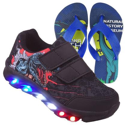 Imagem de Tenis Masculino De Led Calce Facil Infantil Dinossauro DIversÃo Luzinha + Chinelo