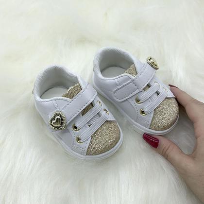 Imagem de Tenis Menina Sapatinhos Bebe Calcados Infantil Branco Com Dourado Glitter