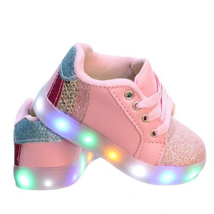 Imagem de Tenis Pemania Infantil Menina Arco Iris Luz Led Com Pulseira Rosa