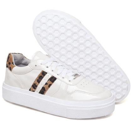 Imagem de Tenis Plataforma Feminino Casual Detalhe Animal Print Onça Ajuste Cadarço Macio Confortavel Tamanho:39Cor:Off WhiteGên
