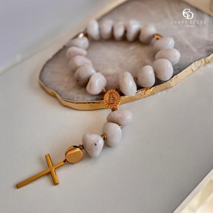 Imagem de Terço Decorativo Nossa Senhora Aparecida Pedra Quartzo Branco