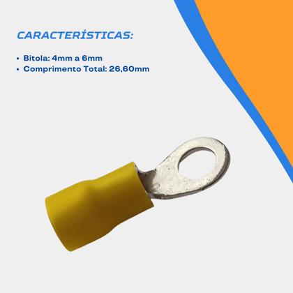 Imagem de Terminal Olhal Pré Isolado Amarelo 4mm 6mm M5 100 Pçs