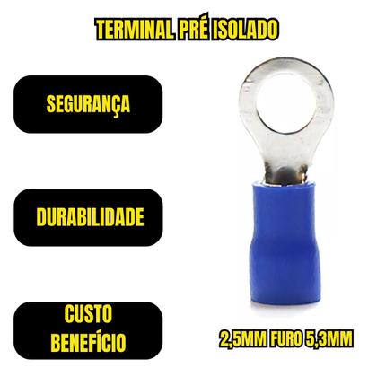 Imagem de Terminal Pré Isolado Olhal Fio 2,5mm Furo 5,3mm 200 Unidade
