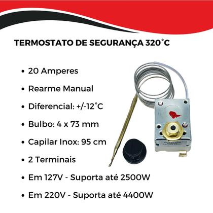 Imagem de Termostato Segurança 20 Amperes 320 Graus Rearme Manual Fritadeira Croydon Marchesoni Metalcubas
