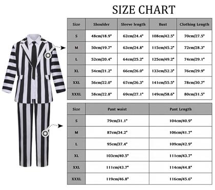 Imagem de Terno listrado em preto e branco, trajes masculinos assustadores de Halloween, comédia de terror para adultos, personagem de filmes, roupa de cosplay com camisa branca, gravata preta KF018-3XL