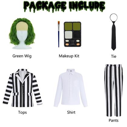 Imagem de Terno listrado em preto e branco, trajes masculinos assustadores de Halloween, comédia de terror para adultos, personagem de filmes, roupa de cosplay com camisa branca, gravata preta KF018-3XL