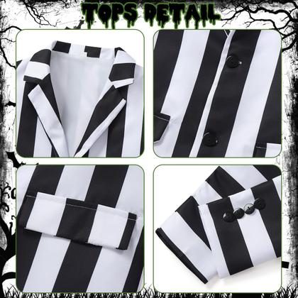 Imagem de Terno listrado em preto e branco, trajes masculinos assustadores de Halloween, comédia de terror para adultos, personagem de filmes, roupa de cosplay com camisa branca, gravata preta KF018-3XL