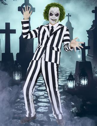 Imagem de Terno listrado em preto e branco, trajes masculinos assustadores de Halloween, comédia de terror para adultos, personagem de filmes, roupa de cosplay com camisa branca, gravata preta KF018-3XL