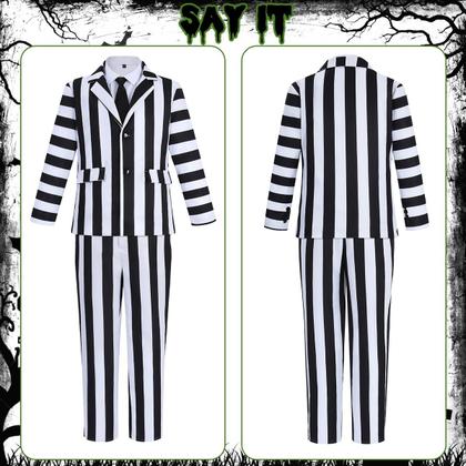 Imagem de Terno listrado em preto e branco, trajes masculinos assustadores de Halloween, comédia de terror para adultos, personagem de filmes, roupa de cosplay com camisa branca, gravata preta KF018-3XL