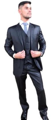 Imagem de Terno Poliviscose Slim Masculino Social Preto Encerado - Paleto+Calça+Colete - Terra Forte Ternos