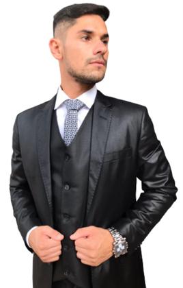 Imagem de Terno Poliviscose Slim Masculino Social Preto Encerado - Paleto+Calça+Colete - Terra Forte Ternos