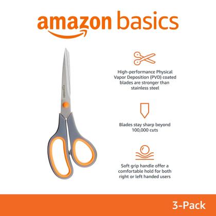 Imagem de Tesoura Amazon Basics multiuso em aço inoxidável, pacote com 3