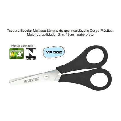 Imagem de Tesoura Escolar Multiuso 13cm Lâmina de Aço Inox e Corpo Plástico Masterprint MP502