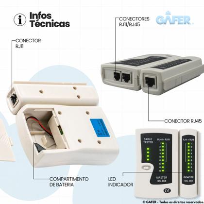 Imagem de Testador de Cabos de Rede RJ45 e Telefone RJ11 GAFER Módulo Remote, LEDs Precisos
