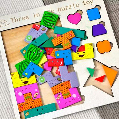 Imagem de Tetris Madeira Brinquedo Educativo Jogo Combinação De Peças