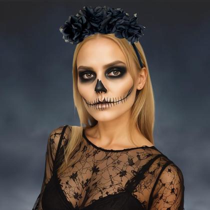 Imagem de Tiara Com Flores Vermelhas ou Negras de Halloween e Carnaval Arco pra Fantasia Caveira Mexicana ou Frida Rosas Lindas Grandes e Luxuosas