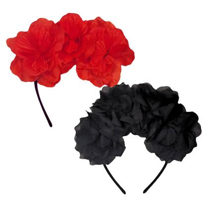Imagem de Tiara Com Flores Vermelhas ou Negras de Halloween e Carnaval Arco pra Fantasia Caveira Mexicana ou Frida Rosas Lindas Grandes e Luxuosas